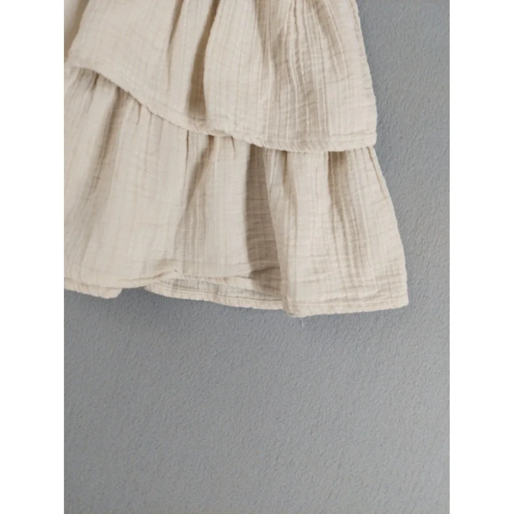 Universal Women Mini Skirt XS Beige 100% Cotton Tiered Ruffle Smocked Waist Boho